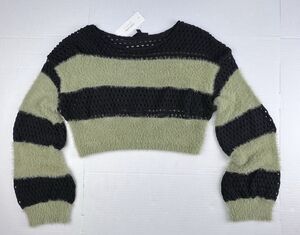 Win Win Womens S Black Olive Green Fuzzy Open Knit Striped Cropped Sweater